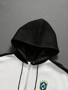 PAVTROS Contrast Color Drawstring Long Sleeve Zipper Casual Fashionable Versatile Hoodie Set - Black and White - View 3