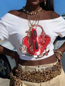 INAWLY Y2K Retro American Style Heart Graphic Women Oversized Crew Neck Short Sleeve T-Shirt - White - View 5