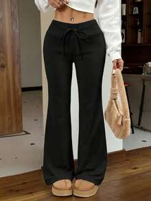 SHEIN EZwear Quần ống loe dệt kim tối giản màu đen dành cho nữ, có dây rút ở eo. - màu đen - Xem 7