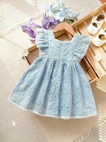 Cozy Pixies 女婴碎花边方领短袖腰系带连衣裙 - 寶藍色 - 查看 2