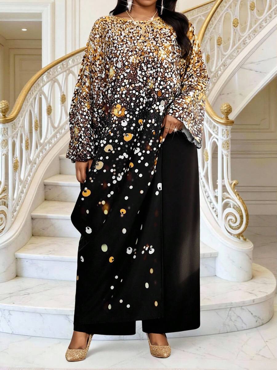 Fleurora Spring And Summer Elegant Casual Modest Office Commuting Colorful Woven Scoop Neck Asymmetrical Batwing Sleeve Long Sleeve Plus Size Co-Ords Women's Summer Set Spring Break Outfits Spring Clothing Carnival Costume For Women Women Carnival Costume Holiday Outfits For Women Holiday Clothes Casual Women Outfits Casual Sets For Women - Multicolor - View 1