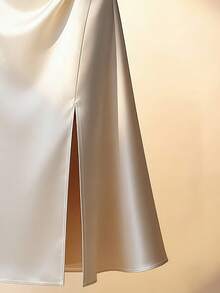 Franclia Cream White Satin Sleeveless V-Neck Ruched Waist Side Slit Maxi Dress,Elegant Women's Formal Gown For Summer,Dining,Special Occasion,White Gold Dress - Apricot - View 4