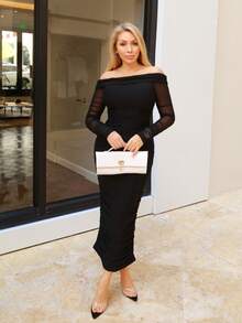 Cioccolato Spring And Summer Off-Shoulder Ruffled Mesh Sexy Tight Date Long-Sleeved Dress,Summer Dresses For Women - Black - View 5