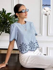 SHEIN Frenchy Áo sơ mi tay ngắn cổ tròn in họa tiết sọc thường ngày thời trang nữ - Xanh và trắng - Xem 3