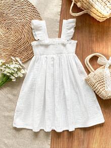 SHEIN Vintaside Kids 1件装 女童夏季新款露肩荷叶边下摆无袖上衣，带蝴蝶结设计，可爱甜美休闲连衣裙，适合海滩度假 - 白色 - 查看 2