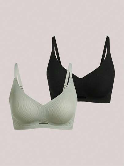 2件/套 纯色和条纹无钢圈文胸，提拉支撑，防下垂，运动文胸