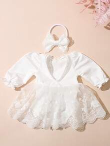 SHEIN Newborn Baby Girl White Lace Romper Dress With Headband,Summer Birthday Party Formal Baptism Christening Outfit,Infant Photography Bowknot Clothes - White - View 7