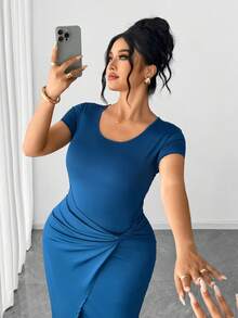 Elenzga Fashionable Casual French Retro Elegant Commuting Twist Waist Slit Midi Dress - Blue - View 4