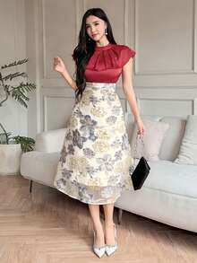 DAZY Damen elegantes Jacquard-Patchwork-Maxikleid, Sommer - Bordeaux - Übersicht 4