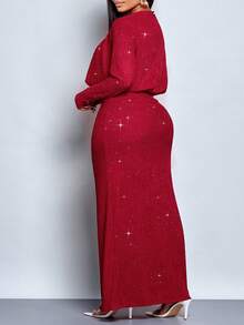 SOLERSUN Women's Elegant Glamorous  Mock Neck Draped Sparkly Bodycon Split Thigh Maxi Dress, Suitable For Christmas Party Vacation & Dating,Fall/Winter - Red - View 4