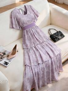 DAZY Vestido de mujer elegante con estampado floral de patchwork, cuello en V y volantes en el bajo, vestido largo de verano tipo sundress - Caqui - Ver 1