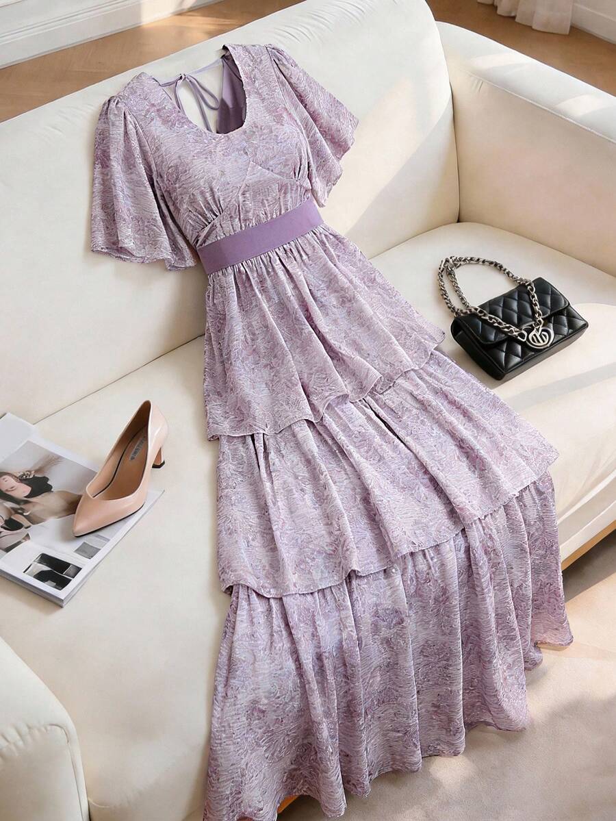 DAZY Vestido de mujer elegante con estampado floral de patchwork, cuello en V y volantes en el bajo, vestido largo de verano tipo sundress - Caqui - Ver 1