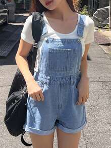 少女蓝色牛仔背带短裤 - 淺色水洗藍 - 查看 4