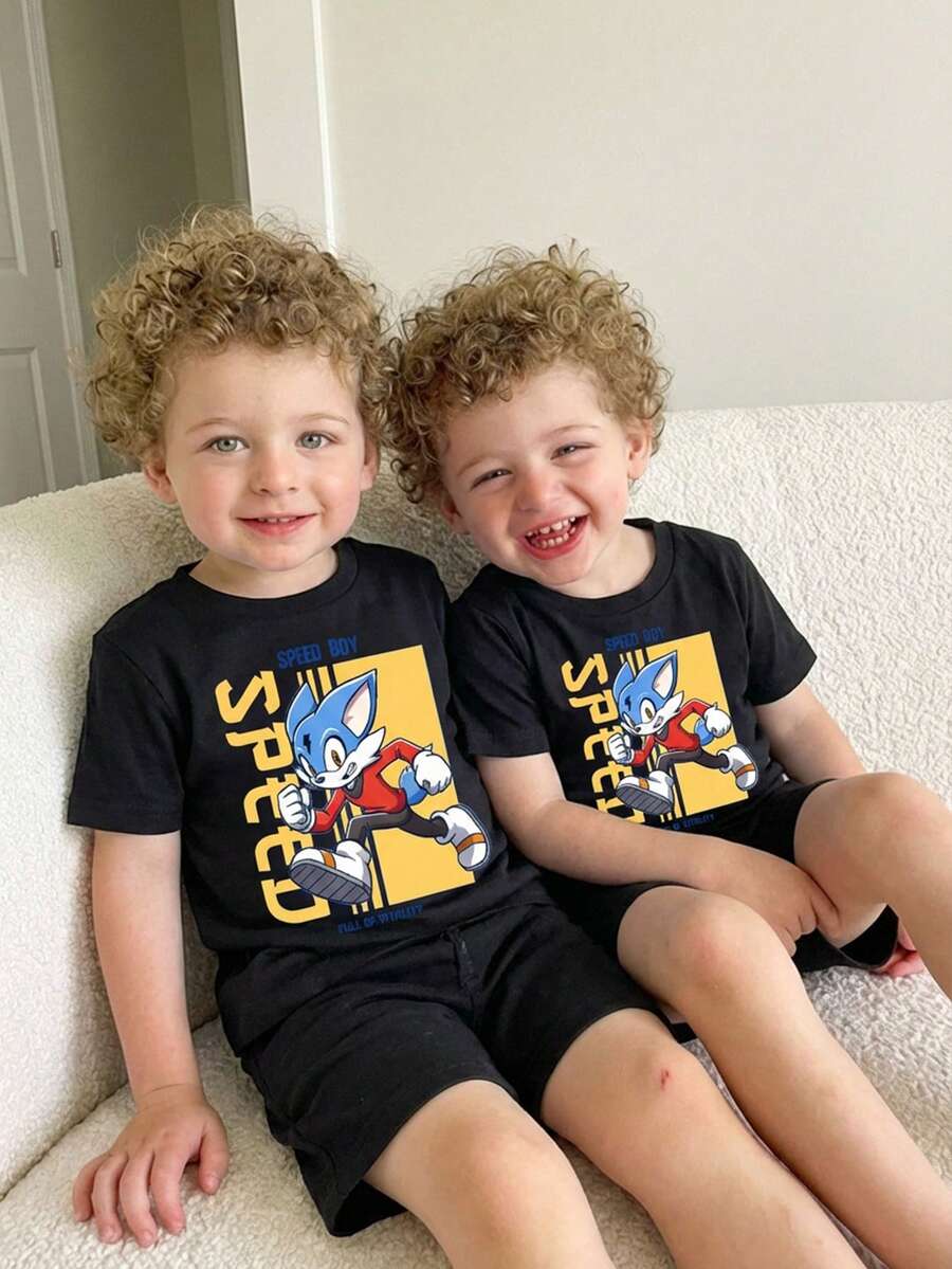 SHEIN Young Boy Stylish Rabbit Officer Print Round Neck Short Sleeve T-Shirt, Suitable For Festivals, Parties, Casual And Comfortable For Spring/Summer - Black - View 1