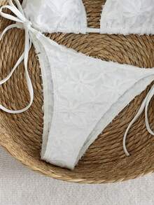 Swim Vcay Women's Solid Color Textured Fabric Halter Triangle Bikini Set, Summer - White - View 4