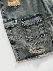 ROMWE MEN Men's Vintage Washed Multi-Pocket Distressed Cargo Shorts - Blue - View 4