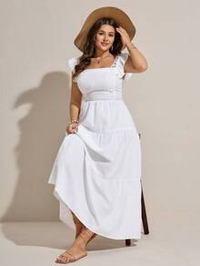 Comfylo Plus Size Summer Vacation Solid Color Textured Ruffle Hem Dress - White - View 6