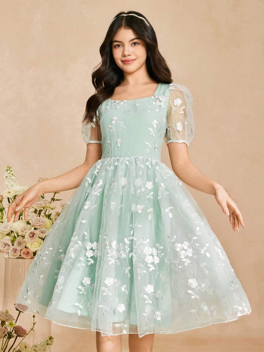 Teen Girl Floral Embroidered Mesh Square Neck Petal Sleeve Elegant Party Dress - Green - View 1