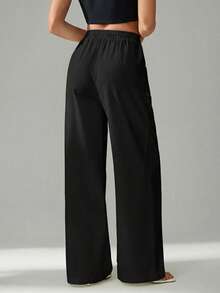 SHEIN Tall 女士夏季简约波西米亚度假风休闲百搭日常亚麻舒适低腰宽松裤秋冬居家舒适 - 黑色 - 查看 2