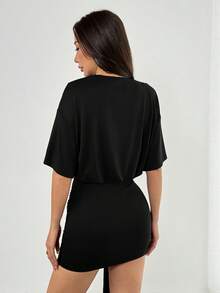 camiseta con detalle de anillo de drapeado, falda ajustada, hombros cuadrados, corte holgado, estilo urbano, lindo, elegante, casual, sexy, para salir, otoño, Navidad, Acción de Gracias, el - Negro - Ver 2
