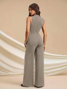 SHEIN Tall Bộ jumpsuit dài màu đen thanh lịch, gợi cảm, không tay, xếp ly, ống rộng, thích hợp mặc hàng ngày, hẹn hò, đi chơi, dự tiệc, kiểu dáng layering thanh lịch cho nữ, jumpsuit bất đối xứng, jumpsuit ống rộng, jumpsuit ngày Valentine, jumpsuit mặc hàng ngày, jumpsuit dài thanh lịch cho người cao. - Xám - Xem 2