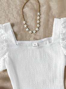 SHEIN 少女时尚夏季网纱刺绣方领T恤 - 白色 - 查看 5