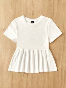 SHEIN EZwear 大码女式圆领拼接A字纯色棉质娃娃裙T恤 - 黑與白 - 查看 5
