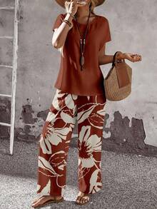 EMERY ROSE 2pcs/Set Women Casual Loose Fit Round Neck Top And Pants, Versatile Outfit Suitable For Spring And Autumn,Casual - Multicolor - View 6