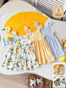 Playful Pals 3pcs/Set Baby Girl Lemon Print Blue & White Striped Ruffle Sleeve Dress, Versatile For Summer Outings, Photo Shoots Or Daily Wear - Multicolor - View 8