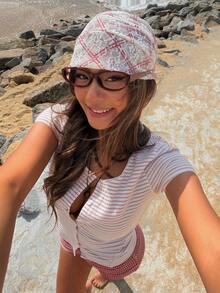 DAZY 女士撞色条纹修身短袖圆领优雅度假上衣 - 淺粉色 - 查看 7