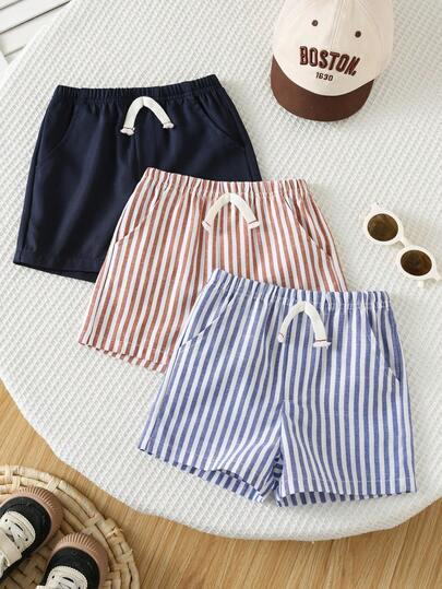 SHEIN Set de 3 pantalones cortos con diseño de botones de unicolor y estilo casual escolar con bolsillos, pantalones cortos holgados a rayas, cómodos y versátiles, adecuados para salidas, vacaciones, reuniones, escuela, hogar, primavera y verano