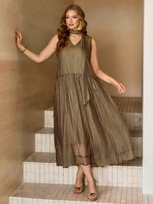 Roveilla Elegant Plus Size Casual Brown Pleated Woven Fabric Long Dress With Choker Neck And Ruffle Hem - Brown - View 7