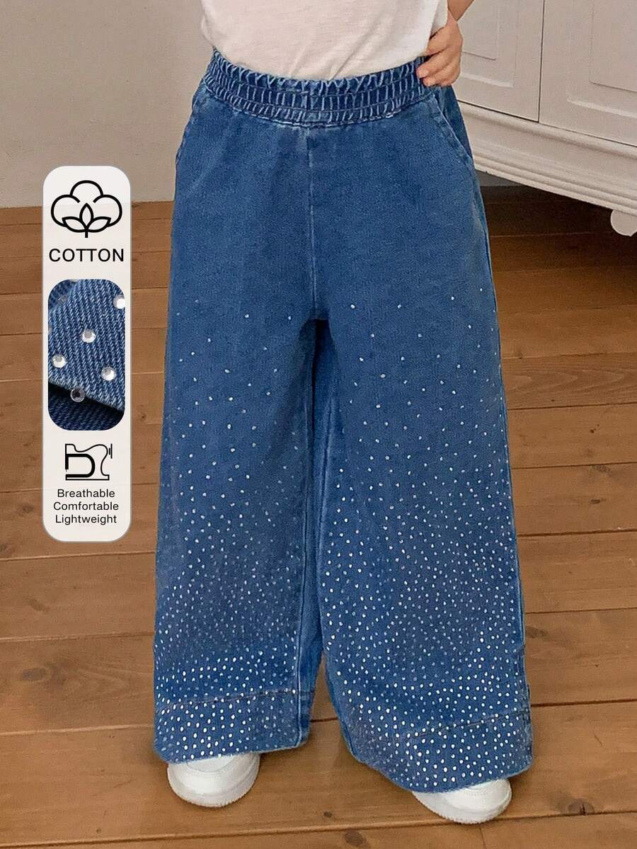 Dazy Kids 年轻女孩弹性腰带口袋水钻装饰休闲百搭日常穿着阔腿牛仔裤 - 藍色 - 查看 1