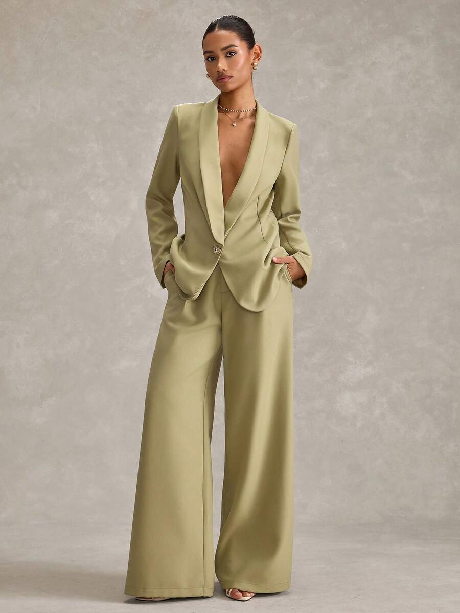 EURMUSE Women Solid Color Button Detailed Blazers - Olive Green - View 1