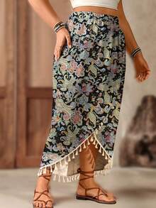 大码女式波西米亚风度假流苏裙 - 黑色 - 查看 3