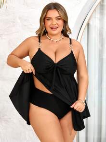 SHEIN CURVE+ 大码夏季沙滩纯色不对称下摆背心和泳裤套装，度假比基尼泳装，女士度假套装，女士沙滩装，大码泳衣两件套，泳装 - 黑色 - 查看 5