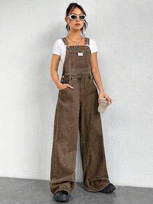 SHEIN EZwear Quần yếm denim nữ kiểu dáng thường ngày, có logo chữ và túi xéo, thích hợp cho mùa hè. - màu nâu - Xem 5