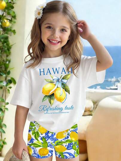 2pcs/Set Young Girls' Fashionable Vacation Style Lemon Letter Print Short Sleeve T-Shirt & Lemon Floral Print Shorts Set, Suitable For Outings In Spring/Summer Kids Beach Wear Kids Resort Wear Bahamas Vacation Outfits Kids Hawaii Clothes For Girls Kids Girls Shirts Summer Kid Girl Hawaii Clothes Hawaii Outfits Kids Resort Wear Kids Lemon Print Shorts Kids Summer Fashion