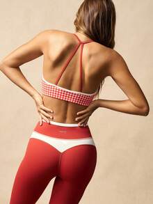 VARSIVA Bộ đồ thể thao nữ áo crop top dài tay màu trơn, áo ngực kẻ caro và quần legging - Nhiều màu - Xem 9