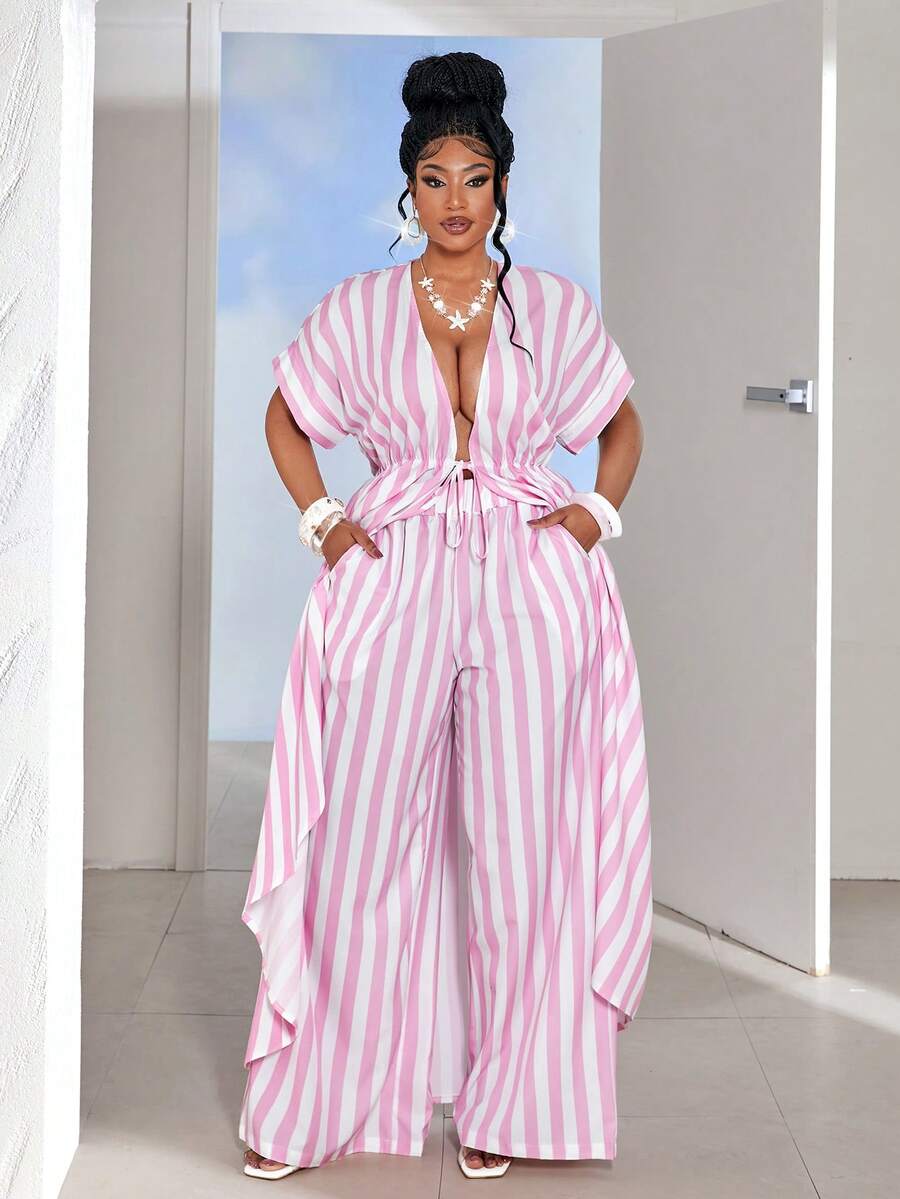 Maweii Ensemble cardigan rose rayé à nouer grande taille - Rose bonbon - Voir 1