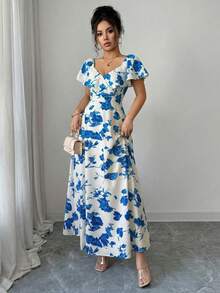 Elenzga Ruffled Waist A-Line Ditsy Floral Elegant French Style Dress - Blue - View 6