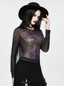 ROMWE Spring/SummergraphicblackGothic Dark Style Chinese Skeleton Snake Print Sheer Tight Crop Top - Black - View 5