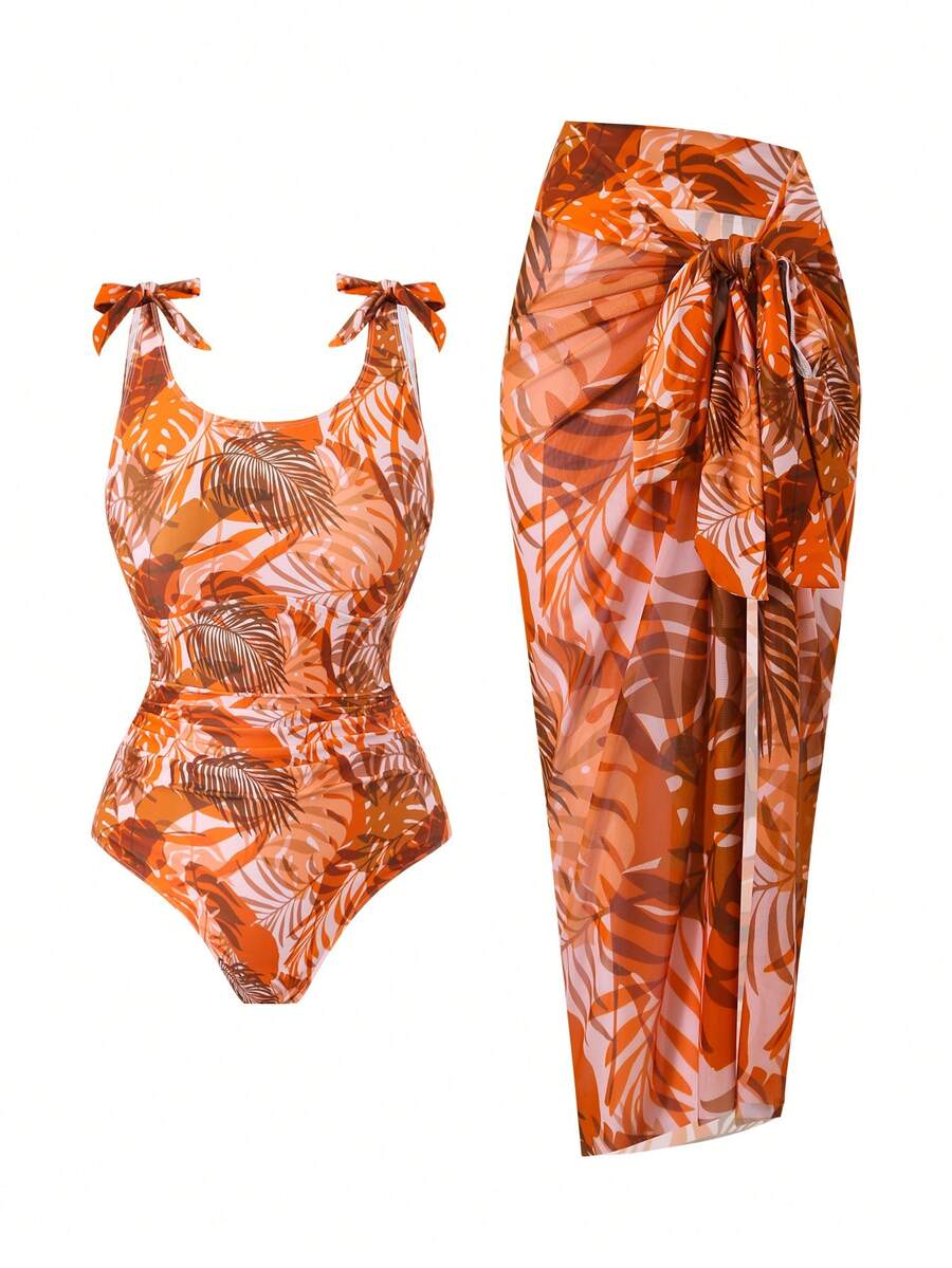 Swim Oasis Conjunto de bikini con estampado floral retro caramelo marrón estilo europeo y americano 2026 - Top de tankini con cuello halter y tirantes anudados + Bottom de triángulo de cintura alta + Falda pareo transparente, elástico y sin ataduras, traje de baño estilo para sesión de fotos en la playa - Multicolor - Ver 1