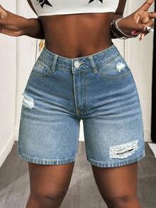 SHEIN CURVE+ Quần short denim rách màu xanh dương gợi cảm dành cho nữ cỡ lớn, thích hợp cho mùa hè. - Rửa trung bình - Xem 7