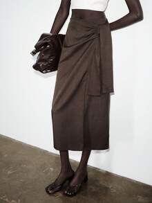 Lumivelle Women's Elegant Dark Coffee Solid A-Line High Waist Slit Tie Ruched Asymmetric Skirt, Suitable For Vacation - Brown - View 3