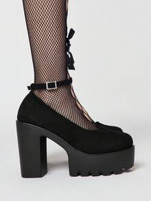 ROMWE Women's Closed Toe Cross-Strap Mary Jane Shoes, Punk Goth Platform Thick Heel Strap Buckle Strap JK Uniform Shoes, Waterproof Work Heels Y2K - Black cloth - View 4