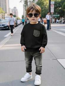 SHEIN 2 件套男婴/女婴休闲白色运动衫和蓝色牛仔长裤运动服，男女通用秋冬婴儿服装 - 黑色 - 查看 12