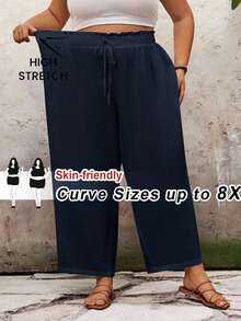 SHEIN CURVE+ 大码休闲纯色宽松长裤，适合夏季/乡村/海滩度假/海滩/沙滩装 - 霧霾藍 - 查看 8