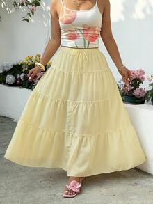 SHEIN EZwear Váy xếp tầng bèo nhún kẻ sọc eo buộc dây dành cho nữ cỡ lớn, thích hợp cho kỳ nghỉ, kiểu dáng thường ngày. - Vàng nhạt - Xem 5