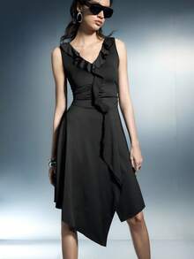Airlisse Women's Deep V-Neck Ruffle Hem Asymmetrical Sleeveless Dress Gathered Waist Draped Medium Length Black Summer Elegant Night Out Ruffled Collar Dress - Black - View 7